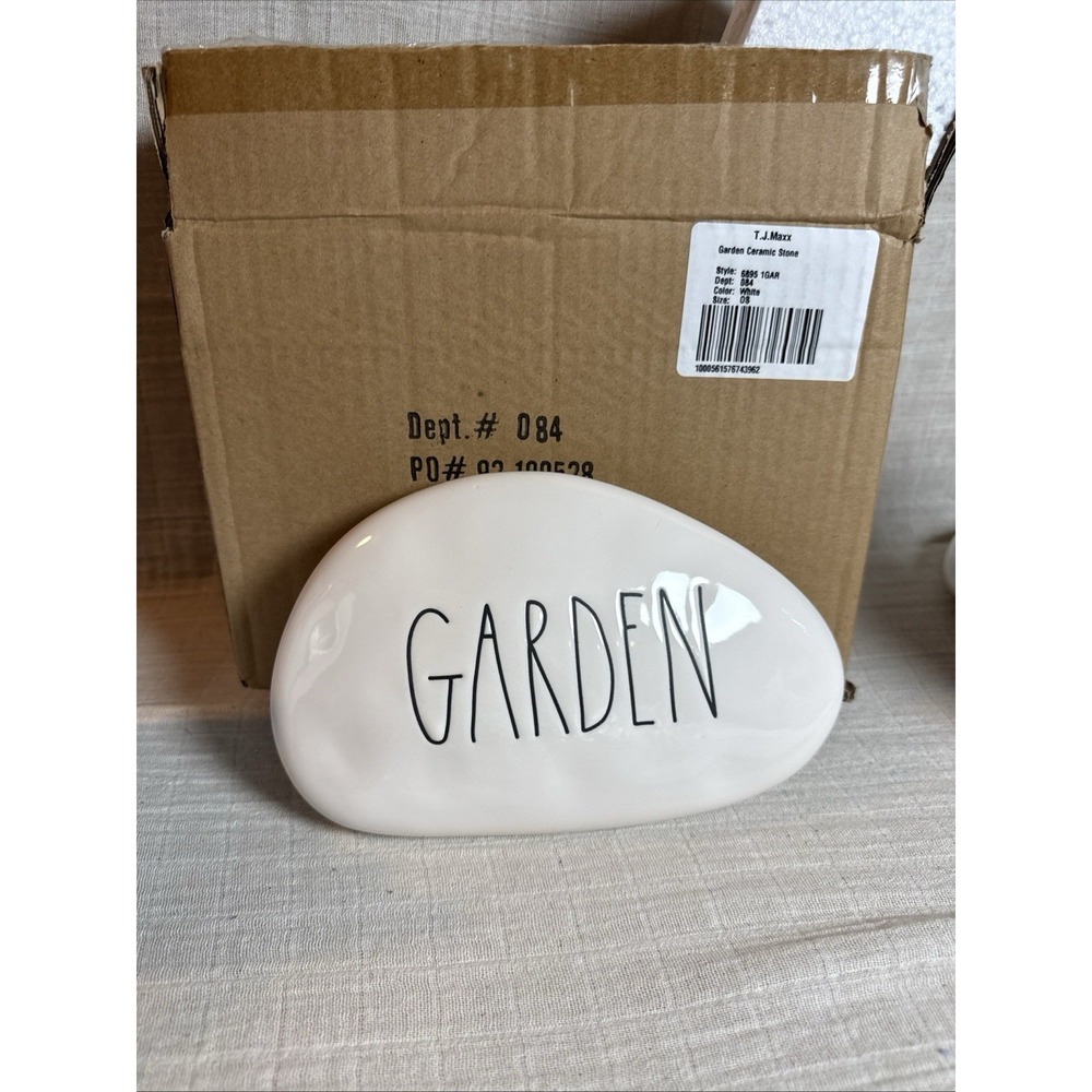 Rae Dunn GARDEN Stone Shaped Pottery Garden Marker White Black 8" Magenta